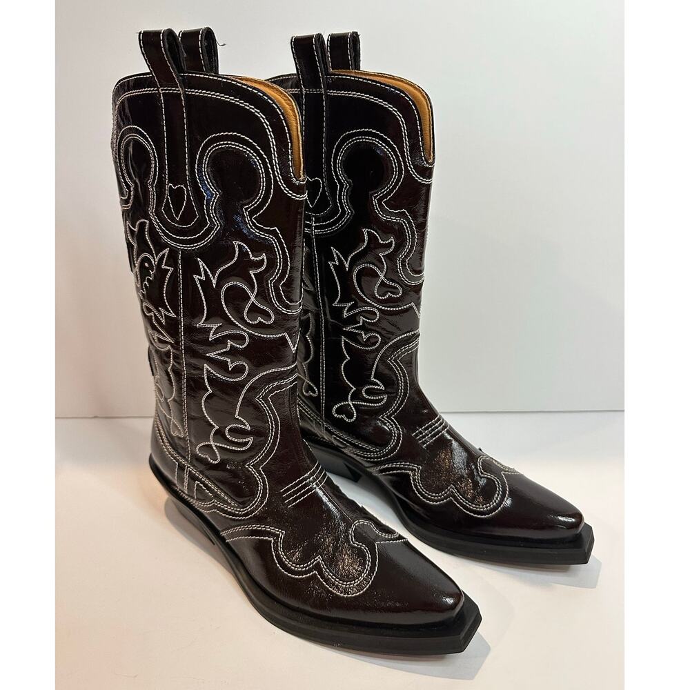 GANNI Women's Mid Shaft Embroidered Western Boots Dark Burgundy EU 39 Snip Toe